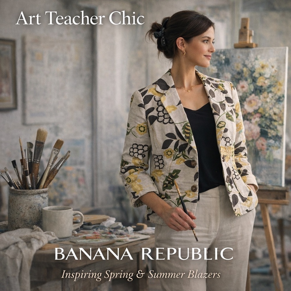 Banana Republic Floral Linen Blazer in Cream, Green & Black